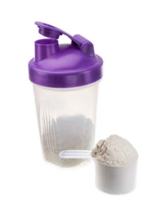 Protein shake and shaker bottle.