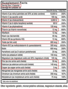 Multivitamin nutrition label.